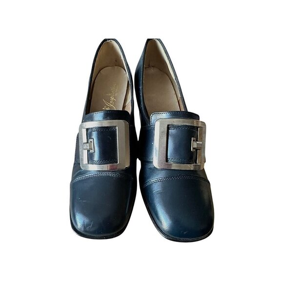 Vintage Navy Leather Slip On Heel with Large Buckles. Size 8.5. Inspirations by - Picture 3 of 13